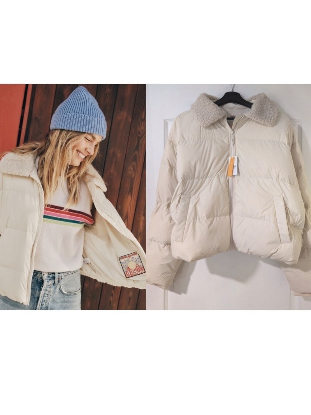 Marine Layer | Charlotte Crop Puffer Jacket In Antique White
